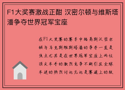 F1大奖赛激战正酣 汉密尔顿与维斯塔潘争夺世界冠军宝座