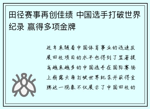 田径赛事再创佳绩 中国选手打破世界纪录 赢得多项金牌