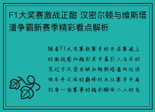 F1大奖赛激战正酣 汉密尔顿与维斯塔潘争霸新赛季精彩看点解析