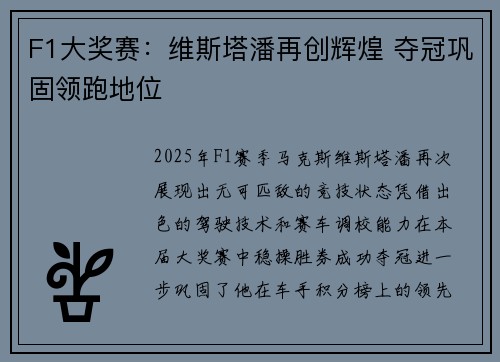 F1大奖赛：维斯塔潘再创辉煌 夺冠巩固领跑地位