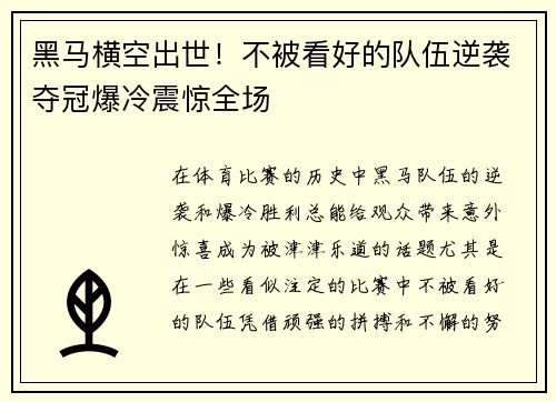 黑马横空出世！不被看好的队伍逆袭夺冠爆冷震惊全场