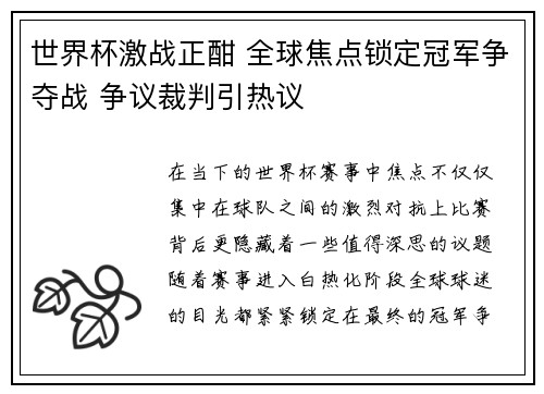 世界杯激战正酣 全球焦点锁定冠军争夺战 争议裁判引热议